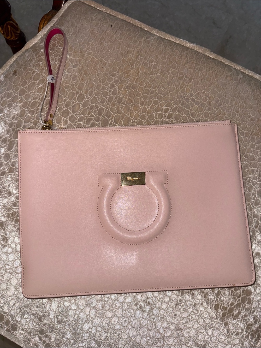 Salvatore Ferragamo Blush Pink Leather Wristlet Clutch with Gancini Accent NWOT